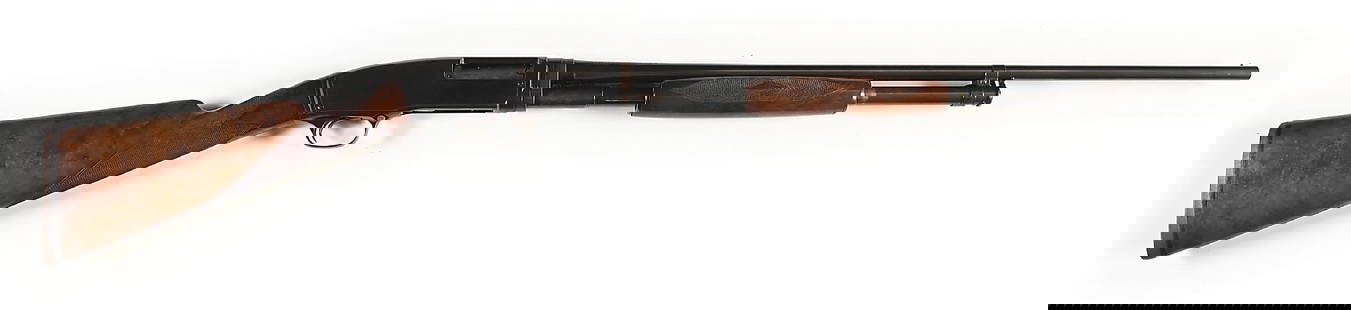 (C) FIRST YEAR SKEET GRADE WINCHESTER MODEL 42 SLIDE ACTION SHOTGUN.: Manufactured in 1933. Barrel is stamped Skeet. This deluxe model features walnut stock with checkered straight grip with an added solid red Pachmayr pad and matching forearm. Takedown, single bead, wi