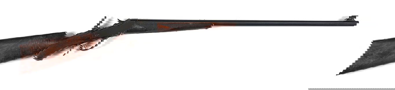 (A) R.F. SEDGLEY DELUXE WINCHESTER MODEL 1885 LOW WALL .22 HORNET SINGLE SHOT RIFLE.: The factory research states that this rifle was shipped on August 16, 1897 with a round number 2 barrel in .22 Long Rifle with a checkered stock with pistol grip. Listed with a graduated peep and glob