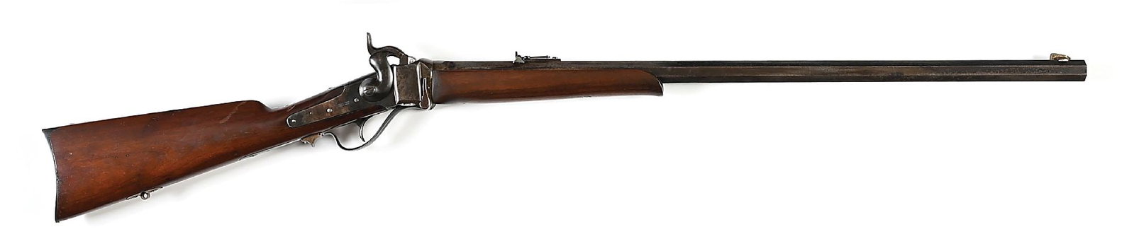 (A) SHARPS FACTORY CONVERSION HEAVY BARREL BUFFALO SINGLE SHOT RIFLE.: This is a Bridgeport made Sharps barrel with matching serial number. Heavy octagon barrel has the Old Reliable Sharps legend with knife blade front sight and folding ladder rear sight with no visible 
