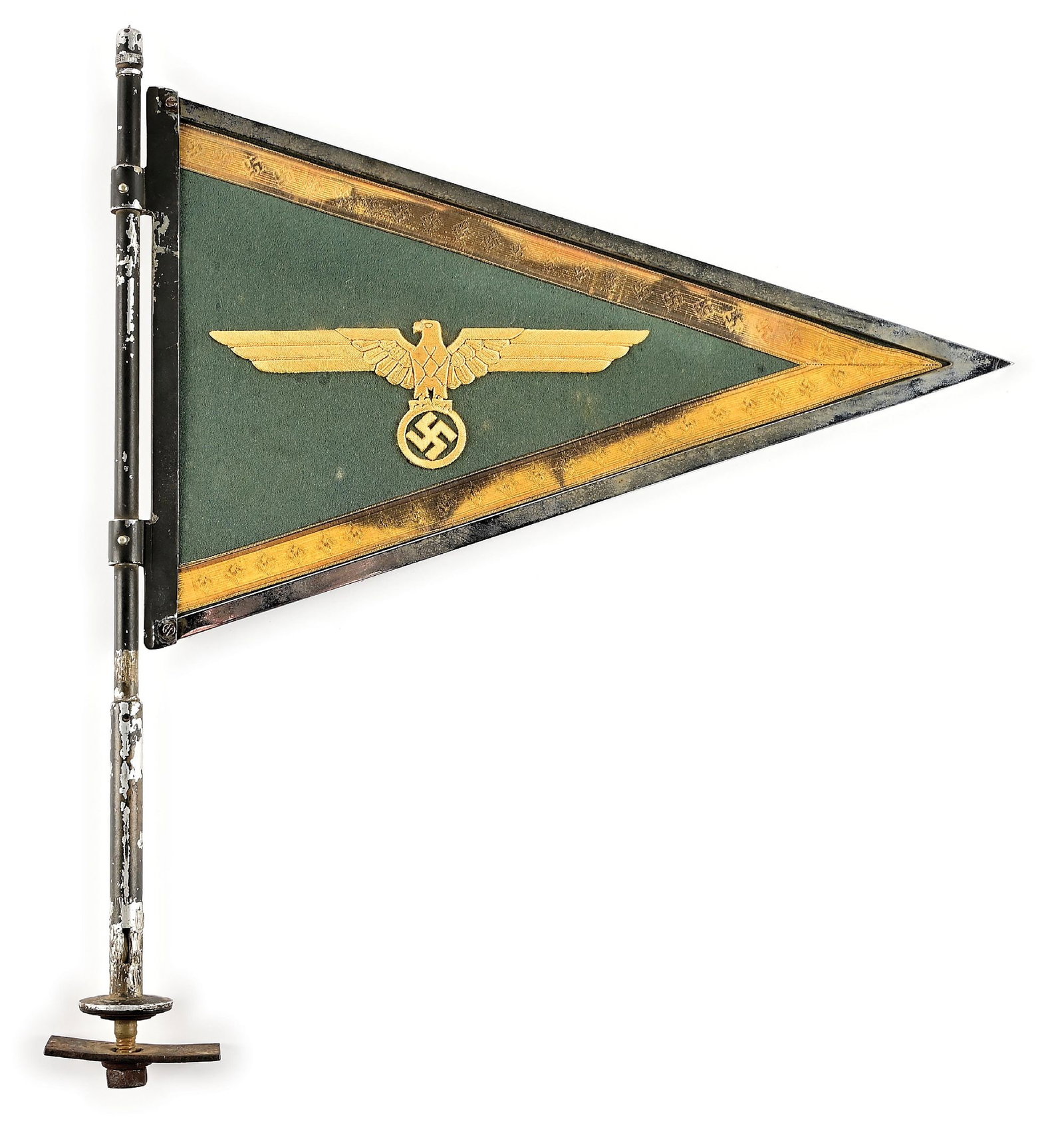THIRD REICH HEER GENERAL'S STAFF CAR PENNANT ON MOUNT.: A Wehrmacht General’s car pennant constructed with a field grey cloth base, trimmed along the edges of both sides with gold bullion wire decorated with swastikas. Both sides feature a Heer eagle