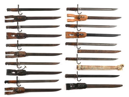 LOT OF 10: IMPERIAL JAPANESE TYPE 30 ARISAKA BAYONETS.: Lot consists of: (A) Manufactured by Kokura Arsenal with metal scabbard and leather frog. Blued blade with Siamese pommel marking. (B) Manufactured by Kokura Arsenal with metal scabbard and leather fr