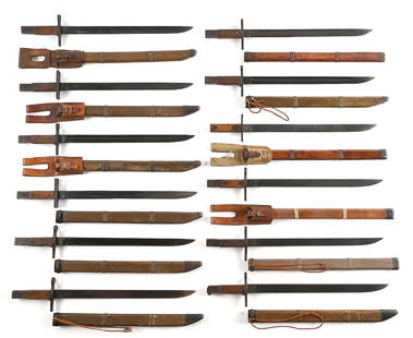 LOT OF 12: JAPANESE WWII LAST DITCH TYPE 30 ARISAKA BAYONETS WITH WOOD SCABBARDS.: Lot consists of 12 Japanese World War II &#8220;last ditch&#8221; bayonets with interesting handle, scabbard, and frog variations. Bayonets (A) through (H) are all manufactured by Toyoda Jidoshoki Sei