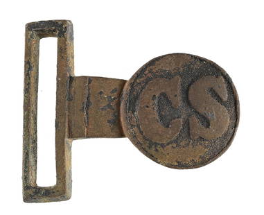 CIVIL WAR CONFEDERATE EXCAVATED CS VIRGINIA STYLE TONGUE BELT PLATE.: CSA Virginia style tongue plate. Heavy patina. Roundel measures approximately 31mm. Bar measures approximately 49mm x 13mm. The buckle comes with a Letter of Authenticity by Steve Mullinax and states