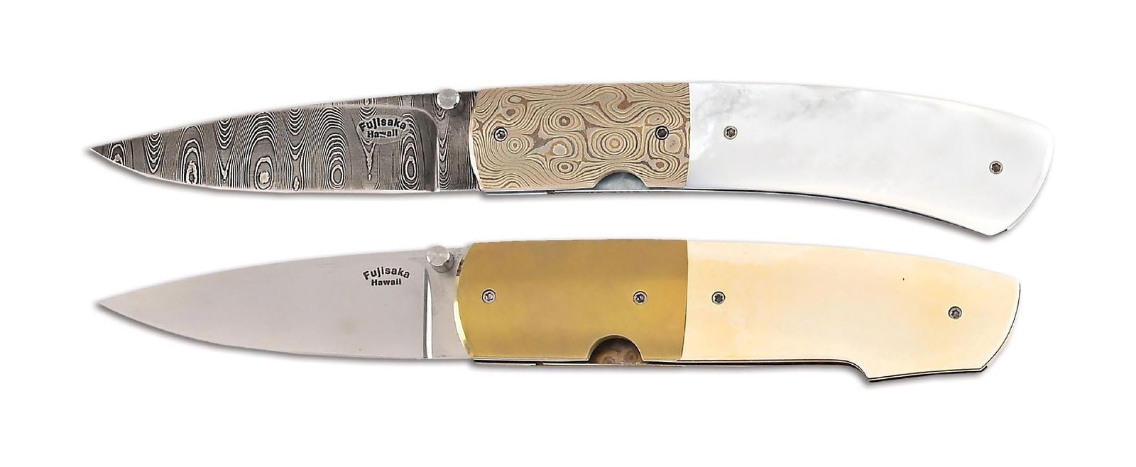 LOT OF 2: STAN FUJISAKA CUSTOM FOLDING KNIVES.: Lot consists of: (A) Stan Fujisaka custom mother of pearl knife with a Devin Thomas Damascus blade marked "Fujisaka / Hawaii". Mokume bolsters and anodized titanium frame. Premium triple A grade mothe