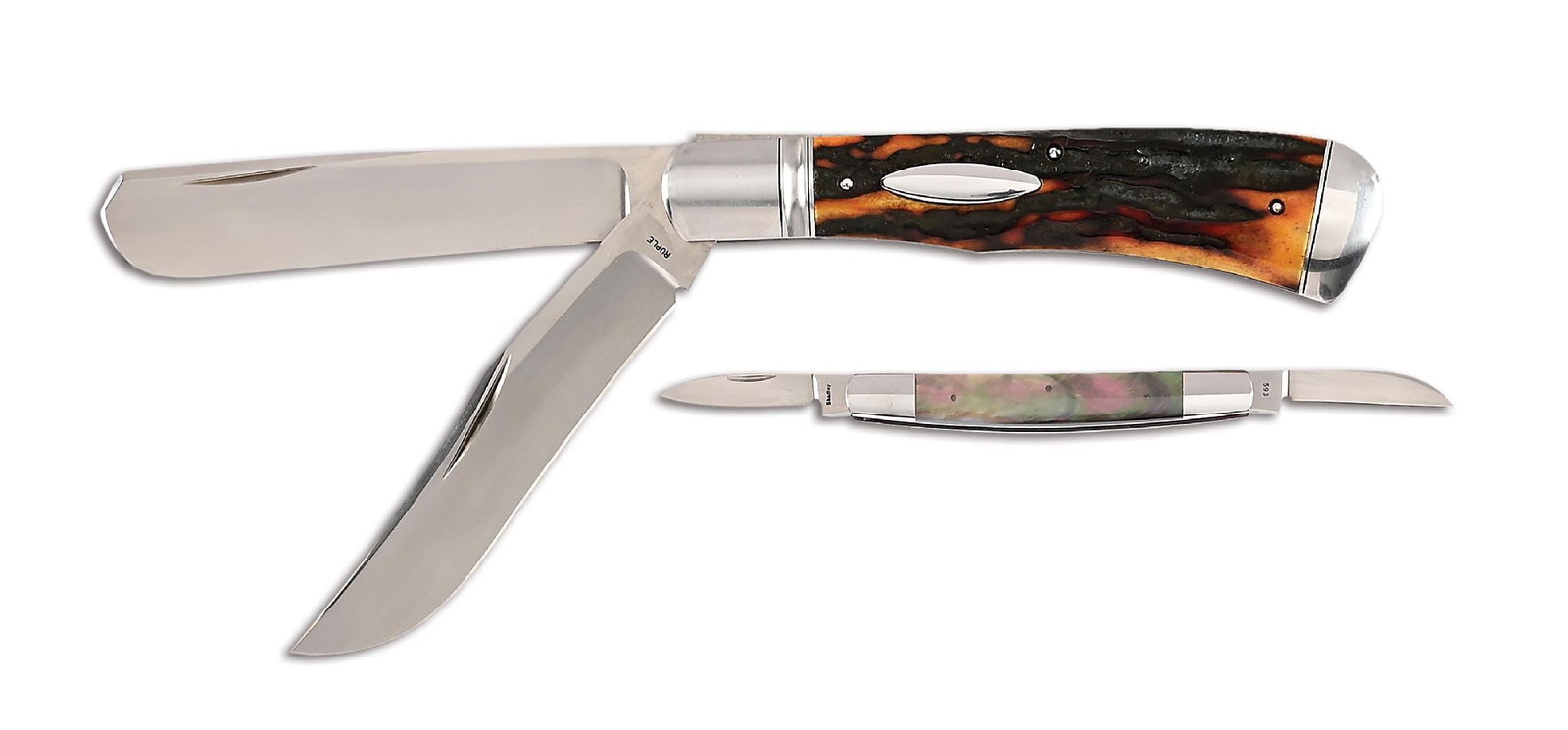LOT OF 2: BILL RUPLE DOUBLE BLADE FOLDER AND MINIATURE DOUBLE BLADE FOLDER.: Lot consists of: (A) Bill Ruple double blade trapper folder that features clip point blade and a semi-skinner blade. The clip point blade is marked "RUPLE". Both blades feature hand rubbed satin finis