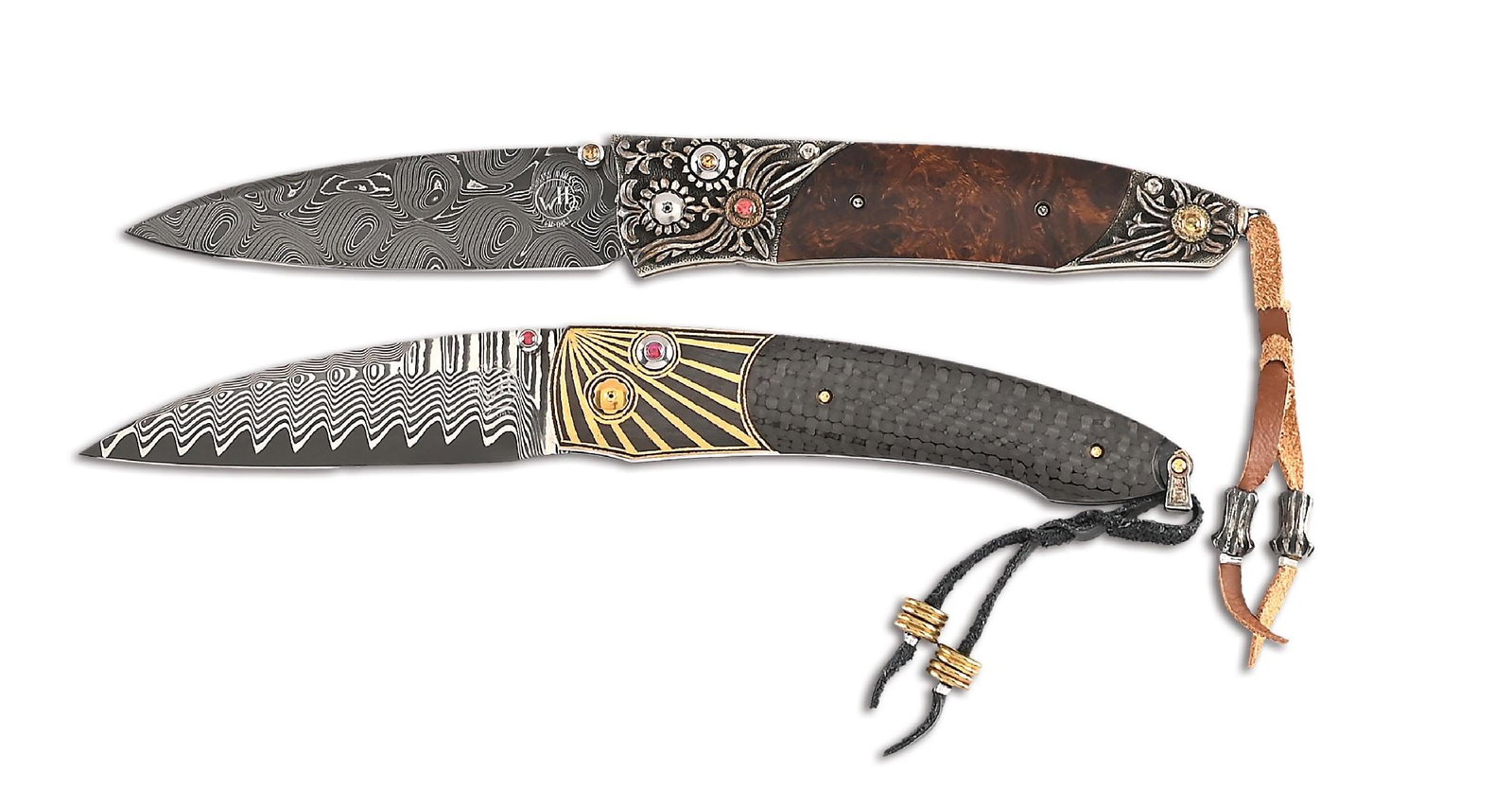 LOT OF 2: WILLIAM HENRY G30 MESA AND B07 ARCHITECT FOLDING KNIVES.: Lot consists of: (A) William Henry G30 Mesa button lock folding knife that features a Devin Thomas stainless "Typhoon" Damascus blade with a citrine thumbstud and button. The blade measures 3" with WM