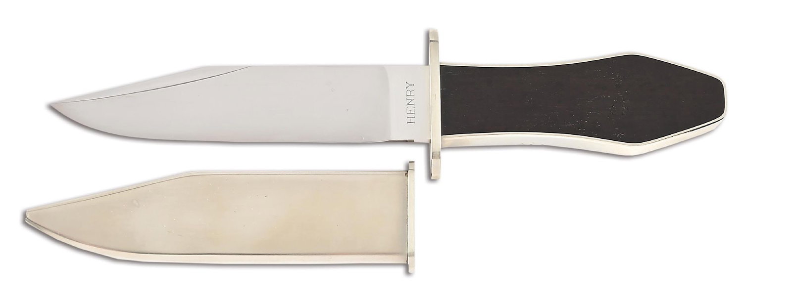 SMALL D.E. HENRY COFFIN HANDLE BOWIE KNIFE.: A coffin handle bowie knife crafted by D.E. Henry, who was considered one of the best bowie knife makers of his time. This knife features a hand rubbed satin finished clip point blade. The blade is ma