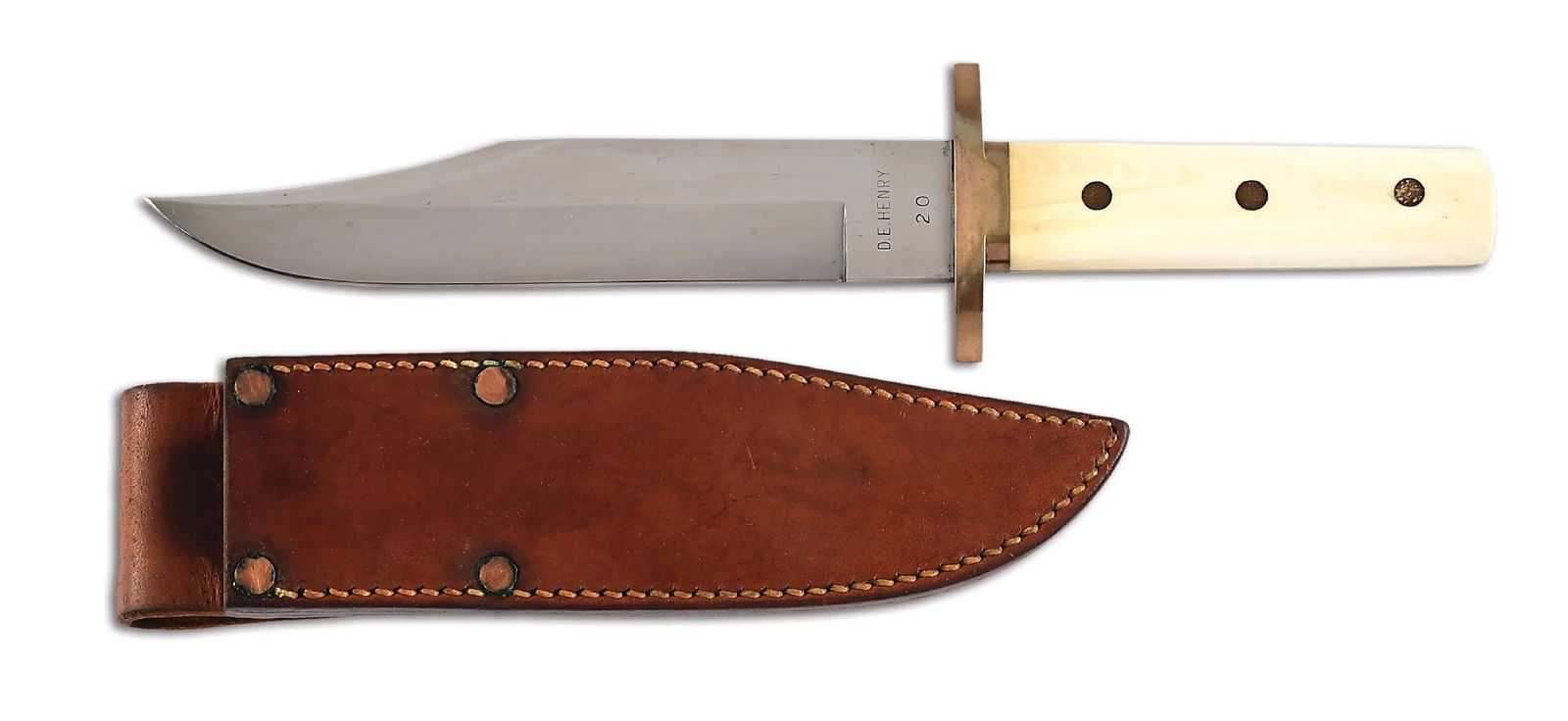 D.E. HENRY IVORY HANDLE BOWIE KNIFE.: Bowie knife crafted by D.E. Henry, who was considered one of the best bowie knife makers of his time. This knife features a hand rubbed satin finished blade with clip point. The blade is marked "D.E.