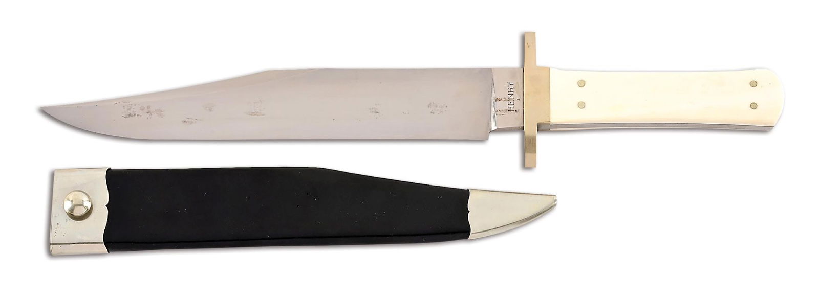 D.E. HENRY BOWIE KNIFE WITH ENGRAVED ESCUTCHEON.: An ivory handle bowie knife crafted by D.E. Henry, who was considered one of the best bowie knife makers of his time. This knife features a hand rubbed satin finished clip point blade. The blade is ma