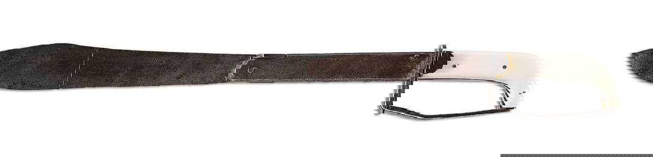 ARNOLD NAMUR AUTOMATIC FOLDING CUTLASS.: An intriguing folding cutlass or machete that was crafted by Arnold Namue, a Belgian cutler active in the 19th century also known for making veterinary and medical multi-tools. 9 - 1/2" pronounced bla