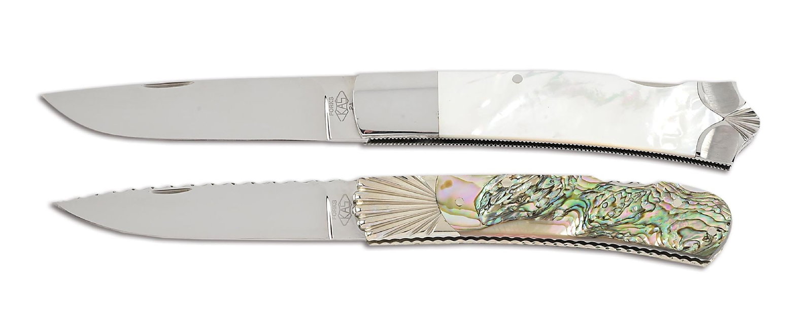 LOT OF 2: KEN STEIGERWALT MOTHER OF PEARL AND ABALONE LOCKBACK KNIVES.: Lot consists of: (A) Mirror polished drop point blade with nail nick assist marked "FORKS / KAS" on the obverse ricasso. Stainless bolsters and liners with fileworked edges. Mother of Pearl grip scale