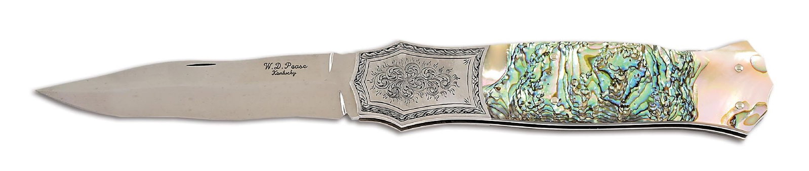 IMPRESSIVE W.D. PEASE ENGRAVED COFFIN HANDLE ABALONE GRIP LOCKBACK KNIFE.: An attractive custom folder by W.D. Pease that features a flamberge style blade. The blade features a nail nick assist and is marked "W.D. Pease / Kentucky" on the obverse side and "31m4" on the rever