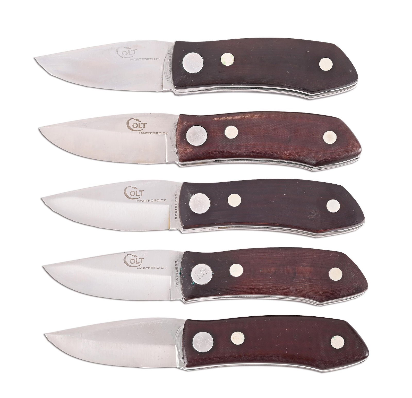 LOT OF 5: BOXED COLT SWING HUNTERS.: Lot consists of five Barry Wood designed Colt Swing Hunters. The knives all feature a satin finish stainless steel blade with satin finish steel frame. The blades are marked "COLT / HARTFORD CT." with