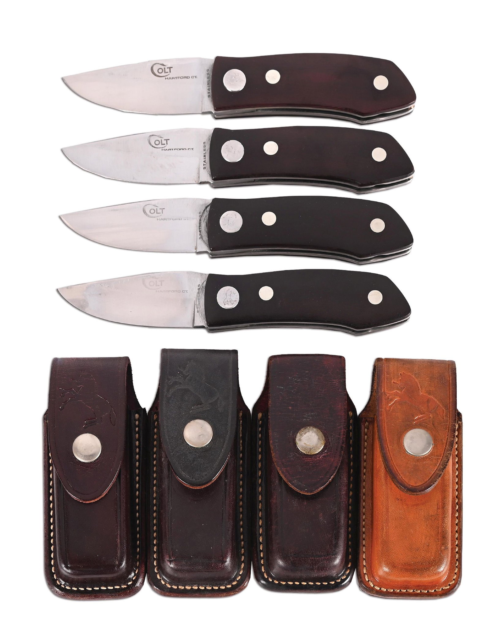 LOT OF 4: COLT SWING HUNTERS.: Lot consists of four Barry Wood designed Colt Swing Hunters. The knives all feature a satin finish stainless steel blade with satin finish steel frame. The blades are marked "COLT / HARTFORD CT." and 