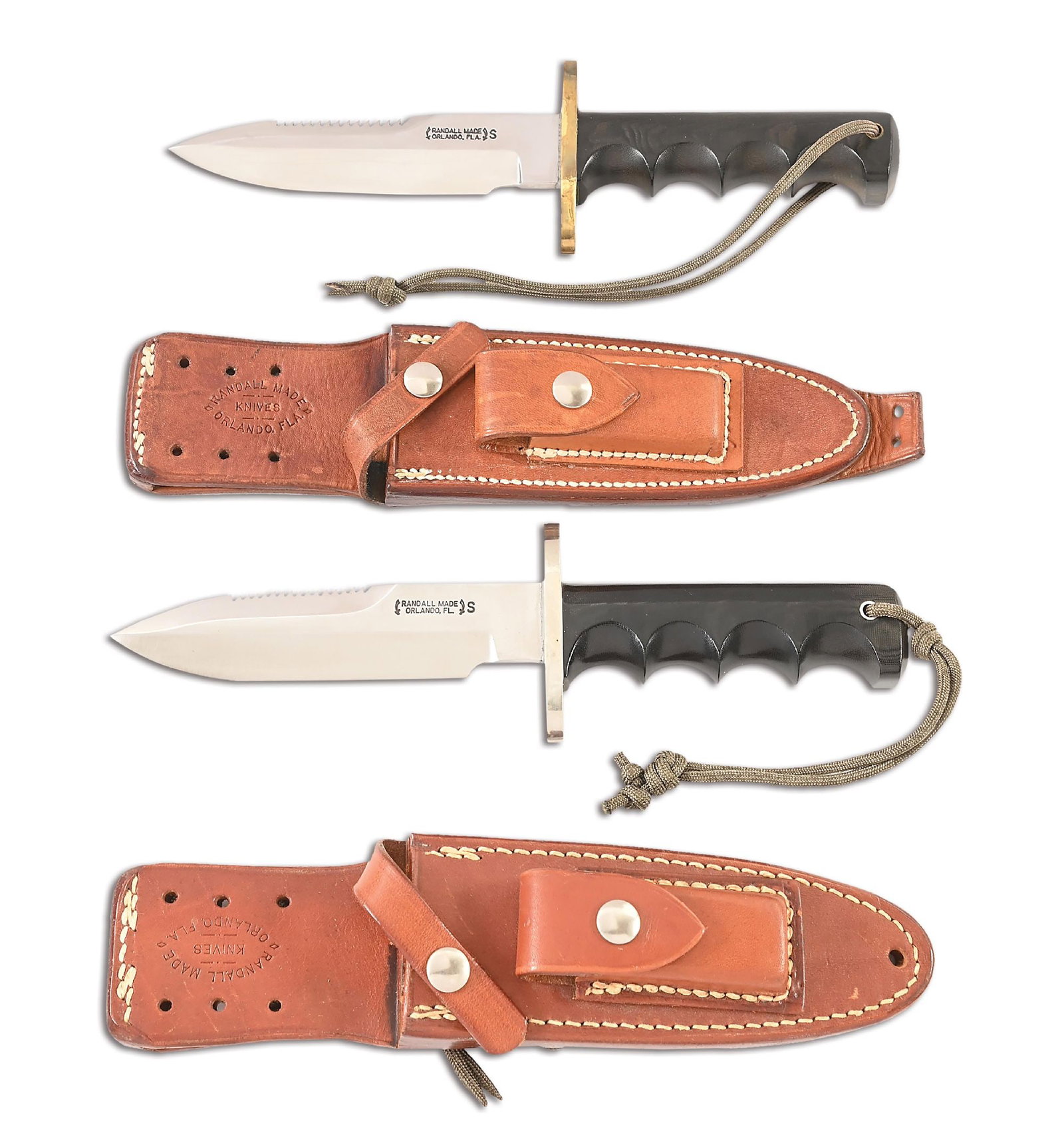 LOT OF 2: RANDALL MODEL 15 AIRMAN.: Lot consists of: (A) Circa 1970s-1980s Randall Model 15 Airman with a sawback blade marked "RANDALL MADE / ORLANDO, FLA." between Randall's signature scimitars with separate "S" denoting stainless ste