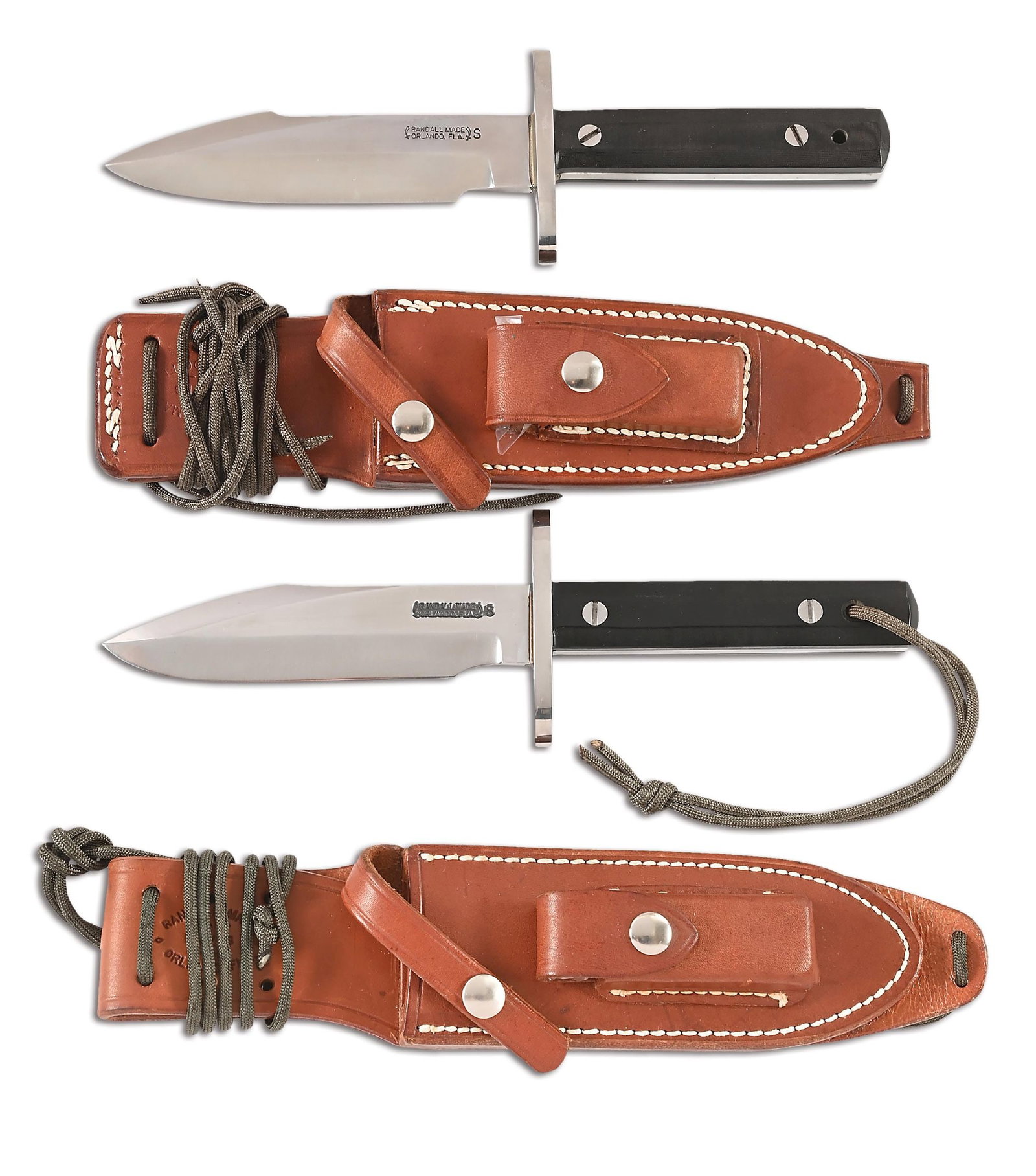 LOT OF 2: RANDALL MODEL 17 ASTROS.: Lot consists of: (A) Randall Model 17 Astro marked "RANDALL MADE / ORLANDO, FLA." between Randall's signature scimitars with separate "S" denoting stainless steel construction. High hump blade is brig