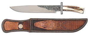 BEN SHOSTLE ENGRAVED CLIP POINT BOWIE KNIFE WITH ALLIGATOR HEAD SCABBARD.