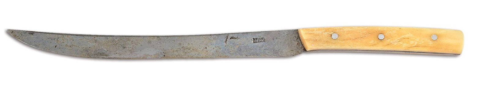 LARGE SCAGEL CARVING KNIFE.: Scagel carving sets are extremely scarce, especially double marked examples. The knife features a swept back blade. Obverse cheek is crisply marked "W. SCAGEL / HANDMADE" in small lettering with Bill'