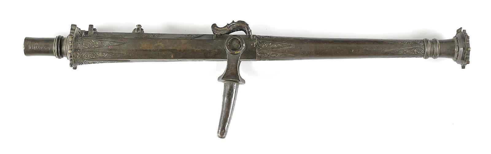 ANTIQUE LANTAKA BRONZE SALUTE CANNON.: Of classic form, cast from bronze, and measuring 37" from muzzle to cascabel. Cascabel is slotted for a shaft, presumably to aim. Barrel in two stages, octagonal to round, with additional turnings and