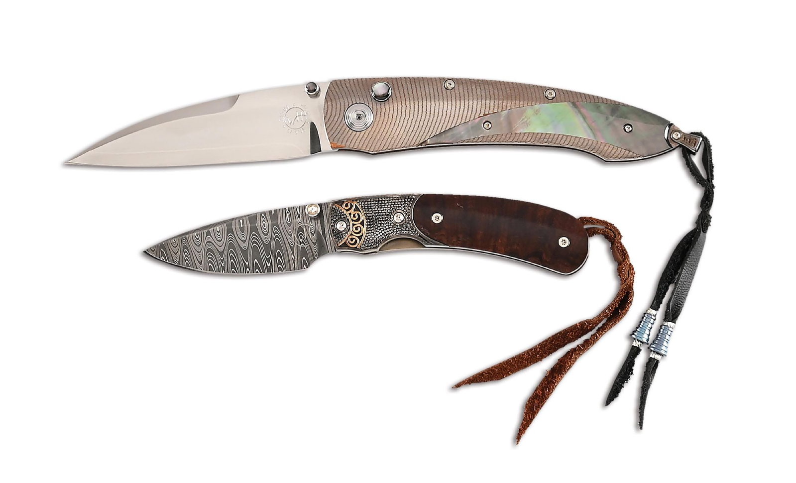 LOT OF 2: WILLIAM HENRY B07 AEROSPACE AND T09 WATERFALL FOLDING KNIVES.: Lot consists of: (A) William Henry B07 Aerospace button lock folding knife that features a ZDP-189 blade with a black lip pearl thumb stud and button. Blade measures 3" with WH monogram. Stainless fit