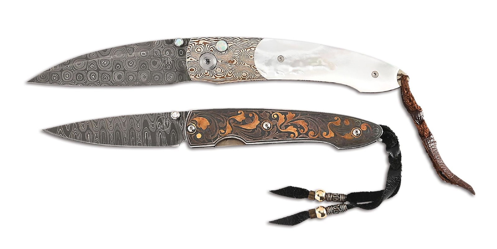 LOT OF 2: WILLIAM HENRY T10 RENAISSANCE AND B7 WESTCLIFF FOLDING KNIVES.: Lot consists of: (A) William Henry B7 MPD Westcliff folder button lock folding knife that features a stainless Damascus blade and a mother of pearl thumb stud and button. Blade measures 3" with WH mon