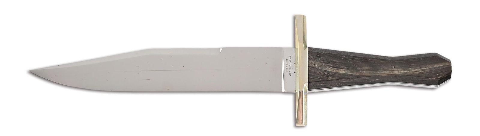 LARGE CORBET SIGMAN BOWIE KNIFE.: Corbet Sigman was a well known knifemaker in the late 20th century. This example of his work is in the form of a Sheffield style bowie knife. The knife features a hand rubbed satin finished blade mark