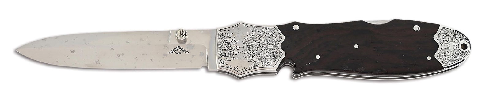 WARREN OSBORNE ENGRAVED LOCKBACK FOLDER.: Warren Osborne was an Australian native who moved to Texas and pursued a life as a full time knife maker. He made significant impact on the custom knife world until his passing in 2016. Examples of hi