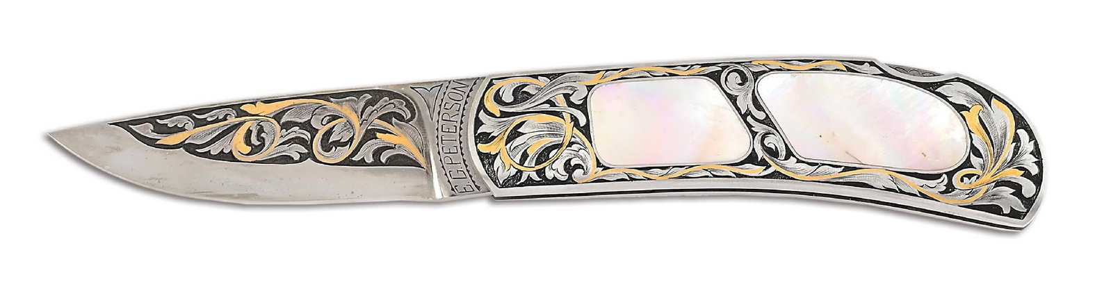 ELDON G. PETERSON ENGRAVED LOCKBACK FOLDER.: An elegant folder by Eldon Peterson that features a drop point blade marked for the maker "E.G. PETERSON" on the obverse ricasso and the engraver "J. DAVIDSON" on the reverse ricasso. The blade and fr