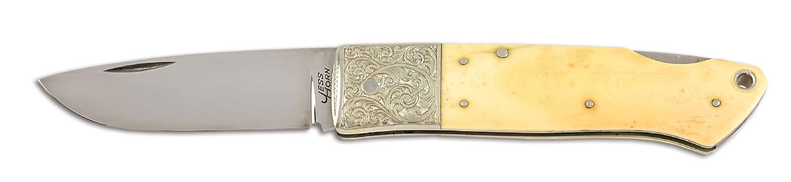 JESS HORN IVORY LOCKBACK WITH ENGRAVED BOLSTERS.: The knife features a drop point blade with nail nick assist marked "JESS / HORN" on the obverse ricasso and numbered "079" on the reverse ricasso. The blade is clean overall with a light patina in som