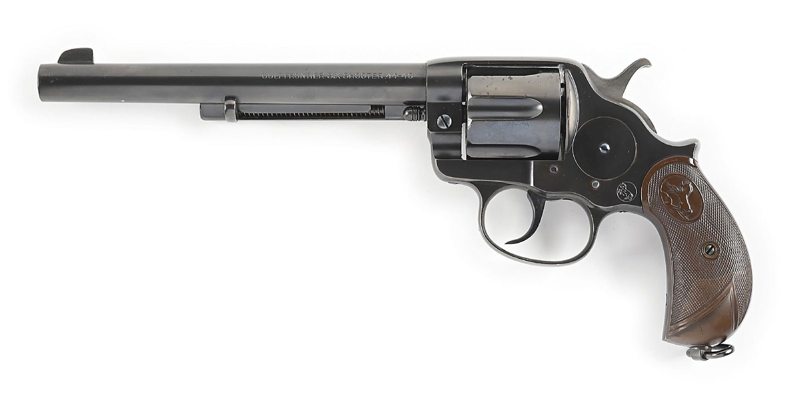 (A) COLT 1878 FRONTIER SIX SHOOTER DOUBLE ACTION REVOLVER (1897).: Produced in 1897. This revolver was expertly restored. All standard features with "COLT FRONTIER SIX SHOOTER" legend on left side of barrel and Colt single line legend on top. Colt gutta percha grips