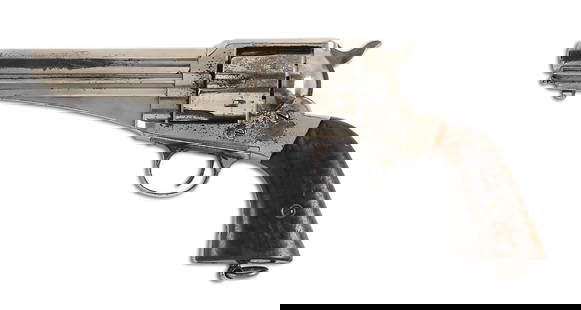 (A) REMINGTON MODEL 1875 ARMY .44-40 SINGLE ACTION REVOLVER WITH HOLSTER..: Early production numbered with a 3-digit batch number on the frame. Full period reapplied nickel finish. Barrel has been gunsmith shortened with no front sight present. 2-piece smooth walnut grips sta