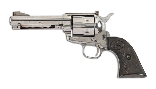 (A) CONVERTED COLT .22 RF SINGLE ACTION ARMY REVOLVER.: Manufactured in 1879 with standard black powder frame and three line patent date on frame. Matching serial numbers on frame and trigger guard. Fitted with a newer barrel and cylinder, a ramp front sig