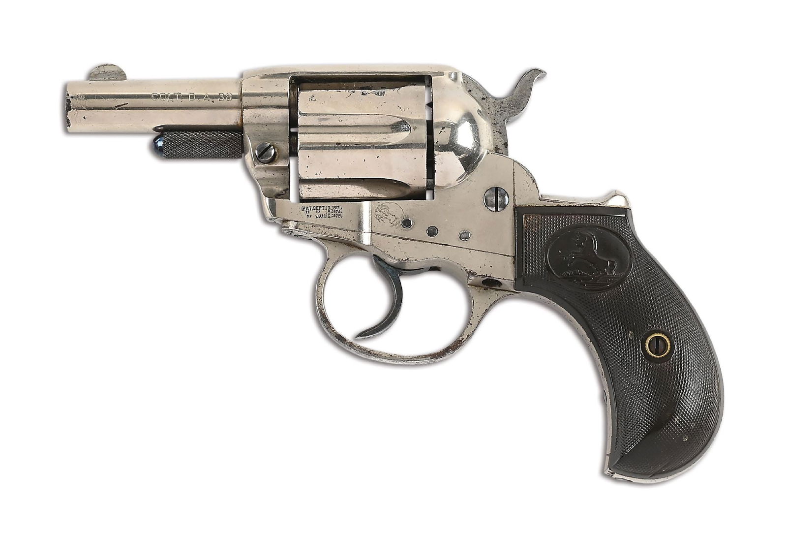 (C) COLT 1877 LIGHTNING SHERIFF'S MODEL DOUBLE ACTION REVOLVER (1903).: Manufactured in 1903. This is a rather scarce barrel length with nickel finish and gutta percha Colt grips. Strong two line Colt barrel legend with roll die caliber stamp. Fire blue trigger and top of