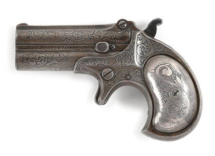 (A) VERY RARE ENGRAVED REMINGTON TRANSITIONAL NO 1 MODEL 95 .41 RF OVER/UNDER DERRINGER, EX. LEON: Circa 1867 early transitional first model, No 1, with "E. REMINGTON & SONS. ILION, N.Y." legend on right side of barrels, in rib. This model has the extractor and it is estimated that less than 100 we