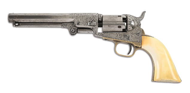 (A) ENGRAVED COLT MODEL 1849 POCKET PERCUSSION REVOLVER (1853).: Manufactured 1853 per serial number. Matching full or partial numbers on barrel assembly, rammer, cylinder axle pin, frame, trigger guard, and butt. Wedge numbered to a different gun. Classic configur