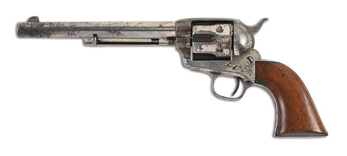(A) COLT SINGLE ACTION ARMY REVOLVER WITH BASKETWEAVE HOLSTER (1881).: Circa 1881 per serial number. One line Colt legend across top of barrel nearly completely obliterated by an old period nickel refinish. Blade front sight, frame notch rear sight, thin 6 land rifling.