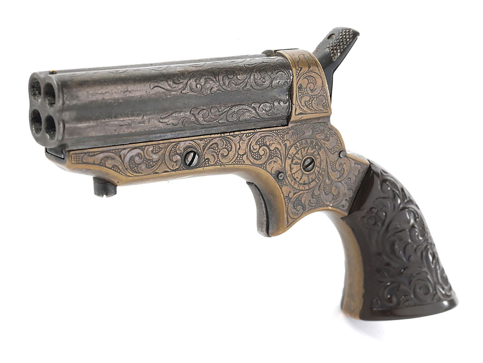 (A) ENRGAVED C. SHARPS 1A 4-BARREL .22 PEPPERBOX DERRINGER.: Sharps produced its pepperbox derringers from 1859 to 1874, this example of the 1A variety. The silver plated 4-barrel cluster has foliate tendrils engraved on the rear 1 - 1/2" of each barrel with ad