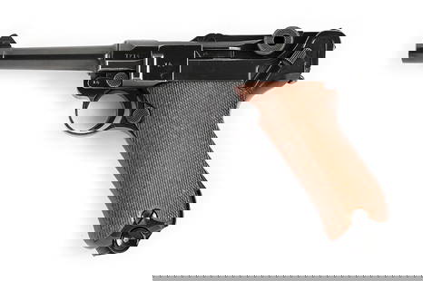 (C) MAUSER LUGER P.08 SEMI-AUTOMATIC PISTOL.: S/42 code on the front toggle link. 1937 date over the chamber. Two piece checkered wood grips. All blue gun. FXO magazine with a black plastic bottom. All matching numbers gun. It comes in a 1929 dat
