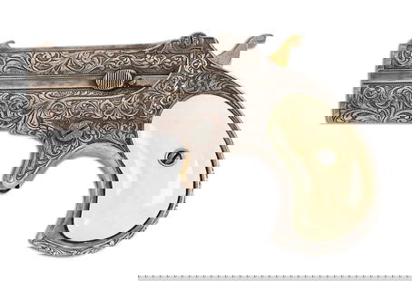 (C) REMINGTON MODEL 95 .41 RF OVER/UNDER DERRINGER.: Classically configured pocket derringer, enhanced by a silver plate finish and essentially total coverage of deeply cut arabesque scrollwork on a punchdot background. The trigger and hammer have been