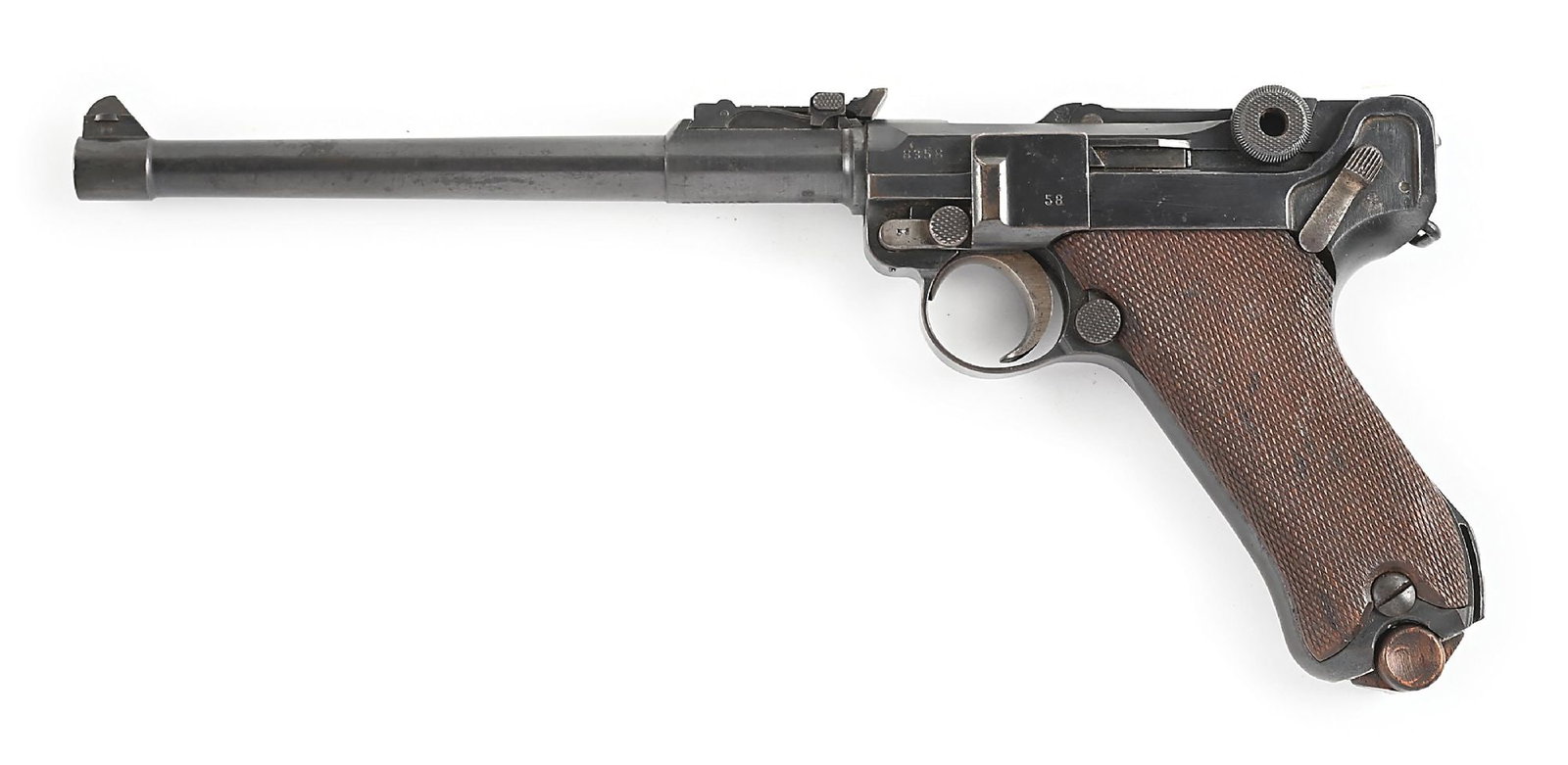 (C) DWM 1914 ARTILLERY LUGER SEMI-AUTOMATIC PISTOL.: 1917 dated over the chamber. DWM in scroll on the front toggle link. Fine tune front and rear sights. Strawed small parts. Two piece checkered wood grips. All matching numbers gun except the magazine.