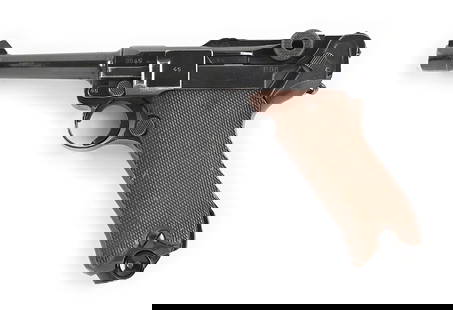 (C) MAUSER P.08 41 CODE LUGER SEMI-AUTOMATIC PISTOL.: byf code on the front toggle link. 41 date over the chamber. Two piece checkered wood grips. All blue gun. FXO magazine with a black plastic bottom. All matching numbers gun. CONDITION: This gun retai