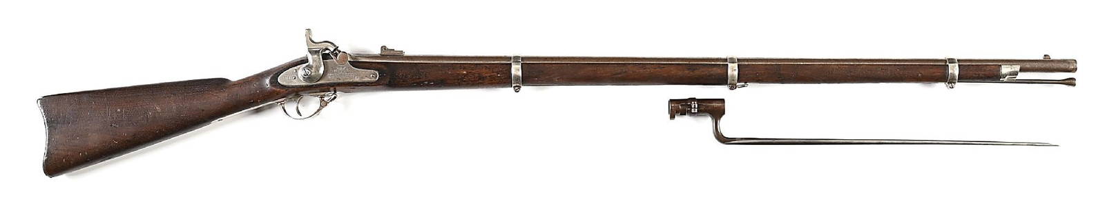 (A) AMOSKEAG US MODEL 1861 CONTRACT RIFLED MUSKET WITH BAYONET.: Approximately 27000 manufactured under contract to US Government by the Amoskeag Manufacturing Company in Manchester, New Hampshire. Standard rifle finished in the white, three band, folding leaf rear