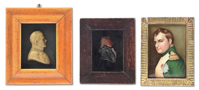LOT 3: TWO WAX PORTRAITS AND ONE ENAMEL PORTRAIT OF NAPOLEON & JERVIS.: Lot consists of: (A) Small wax portrait of Napoleon, matted and contained in a wood frame. Paper matte exhibits one puncture to the right of Napoleon's chest. Measures approximately 7 - 3/4" x 6 - 5/8