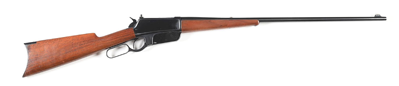 (A) 2ND YEAR FLATSIDE WINCHESTER MODEL 1895 LEVER ACTION RIFLE.: Manufactured circa 1896 during the 2nd year of production. Finished in full reapplied blue. Light tapered round barrel with German silver blade front sight. Flatside receiver mounted with a No. 21 "Cl