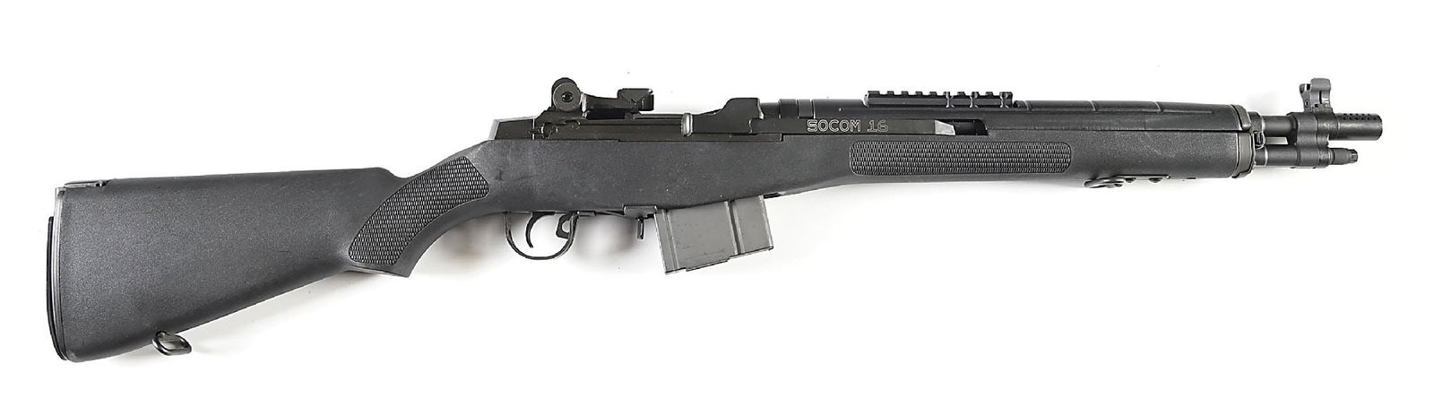 (M) SPRINGFIELD SOCOM 16 SEMI-AUTOMATIC RIFLE.: Contemporary tactical modernization of the classic M14 platform with matte finish, ported barrel, protected blade front sight with tritium insert, rear aperture sight, scout rifle optic rail, checkere