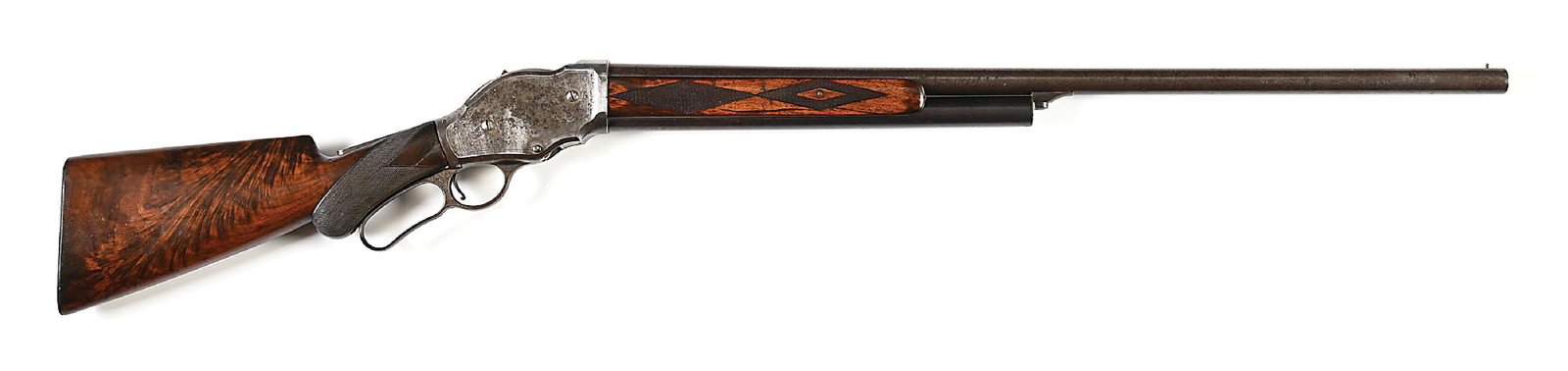 (A) BROWNING BROTHERS SHIPPED DELUXE WINCHESTER MODEL 1887 12 GA LEVER ACTION SHOTGUN.: Second year production in 1888. Factory letter confirms return shipment to Winchester from Browning Brothers of Utah in 1890. Interesting in that he was the original inventor of this weapon. This delu