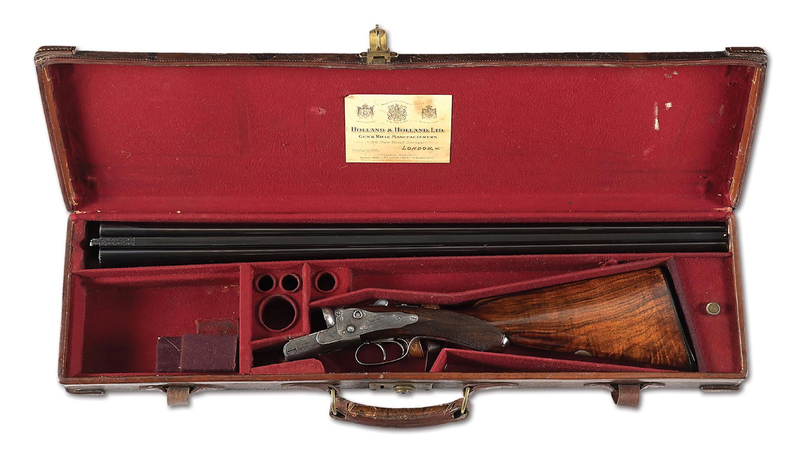 (A) W.C. SCOTT & SON SIDE BY SIDE 12 GAUGE SHOTGUN.: Manufactured circa 1888. Features include brass bead sight, Belgian proofed steel barrels, 2 - 3/4" chambers, matted rib engraved with W & C. Scott & Son London address as well as "Lever Lock Grip" te
