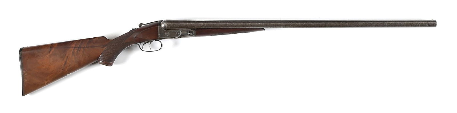 (A) PARKER BROTHERS PT GRADE HAMMERLESS SIDE BY SIDE 12 GAUGE SHOTGUN.: Dates to 1891. All matching numbers. Grade is stamped on action flat. Features fine Damascus twist barrels with Parker legend on rib, single bead front sight, lightly border engraved case color frame,
