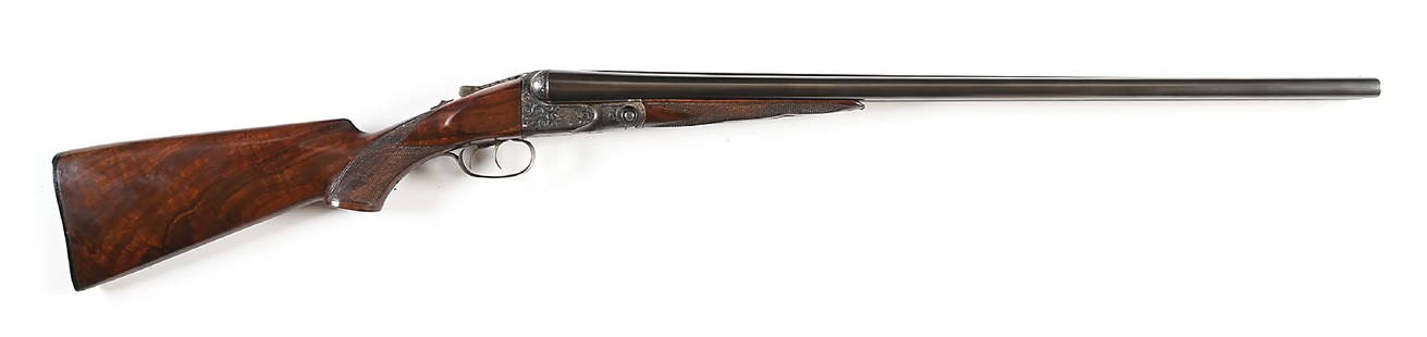 (C) PARKER BROTHERS SIDE BY SIDE DH 12 GAUGE SHOTGUN.: Dovetail lump Titanic Steel barrels with a brass bead front sight on wide, concave, matted rib with an open lozenge at rear that reads "PARKER BROS. MAKERS. MERIDEN. CONN. TITANIC STEEL." flanked by a