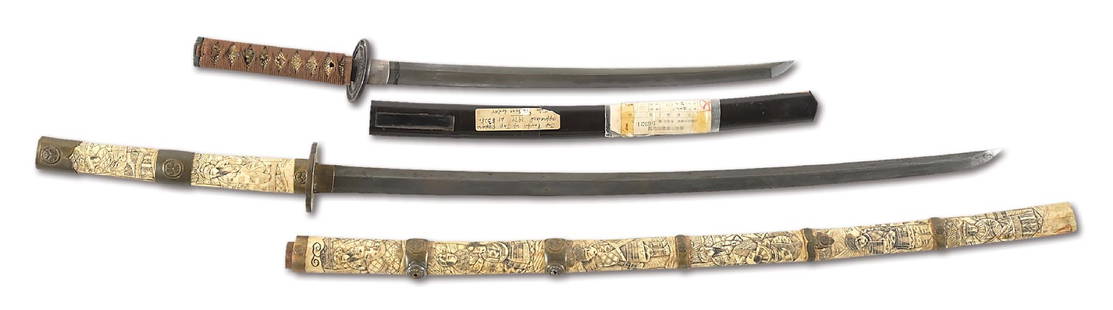 LOT OF 2: A KATANA IN BONE MOUNTS AND A WAKIZASHI SIGNED HIZEN TADAHIRO.: Lot consists of (A) 70.2cm nagasa of classic shinogi zukuri form. Bone mounts with scrimshaw work of various scenes throughout, with brass mountings, some repaired with solder. Mounts do not disassemb